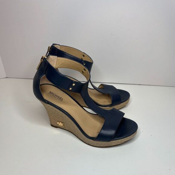 Michael Kors Navy Leather Stylish T Strap Open Toe Heeled Sandals Espadrilles - Picture 2 of 10